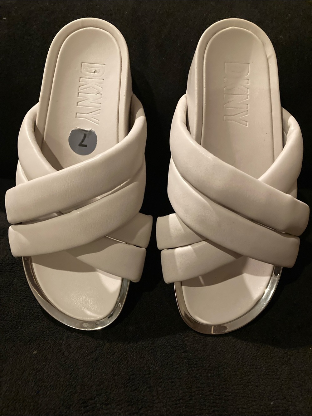 DKNY White Crisscross Padded Slide Sandals with Silver Trim